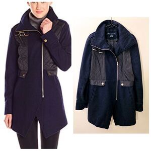 French Connection Navy Quilted Nylon Mixed Media Cut Away Jacket sz 2